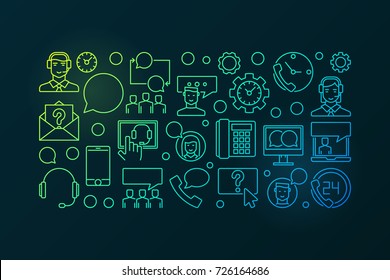 Colorful call center and user support vector concept horizontal banner on dark background