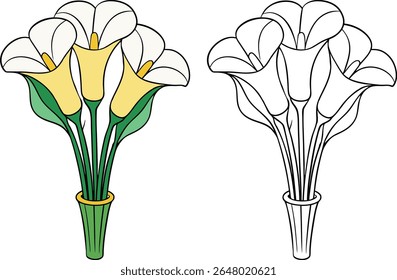 Colorful calla lily bouquet illustration with white petals yellow centers and green stems