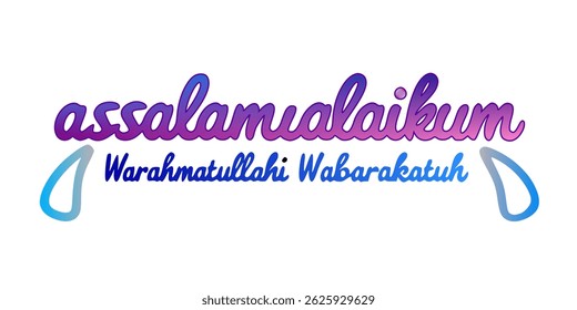 Uma representação caligráfica colorida da saudação islâmica "Assalamu'alaikum Warahmatullahi Wabarakatuh" (que a paz, a misericórdia e as bênçãos de Alá estejam sobre vocês), colocada sobre um fundo branco limpo. 