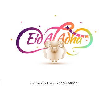 Colorful calligrpahy of text Eid-Al-Adha, Islamic festival of sacrifice concept and paper sheep, bunting flags, stars on white background.