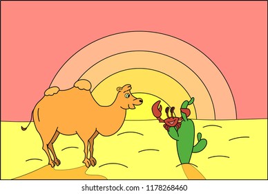 Colorful Camel and Crab and Sunset. Vector illustration