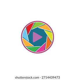 Abertura de câmera colorida com ícone de botão de reprodução para fotografia, vídeo, símbolo de design de mídia