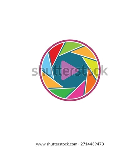 Colorful camera aperture with play button icon for photography, video, media design symbol