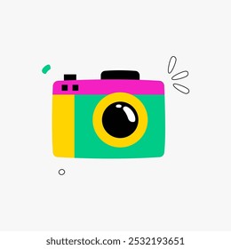 Colorful camera in flat vector illustration symbolizing photography, creativity, and capturing moments, isolated on white background.