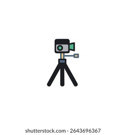 Colorful camera icon on tripod stand for photography projects and designs red lens flat blue image style media shoot tripod icon silhouette vector illustration