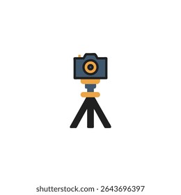 Colorful camera icon on tripod stand for photography projects and designs red lens flat blue image style media shoot tripod icon silhouette vector illustration
