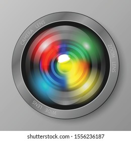 The colorful Camera lens is on grey background. Vector illustration.