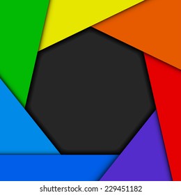 Colorful camera shutter background in rainbow colors with paper torn part and place for text. vector illustrations.
