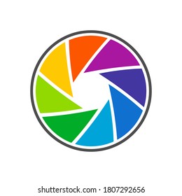 Colorful camera shutter lens with rainbow colors isolated on white background with black circle.