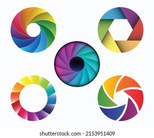 Colorful Camera Shutter Logo Set. Camera Shutter Aperture Vector Buttons Set. 