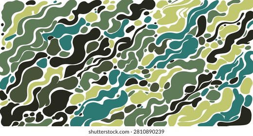 A colorful camouflage pattern with green, brown, and teal shapes on a white background