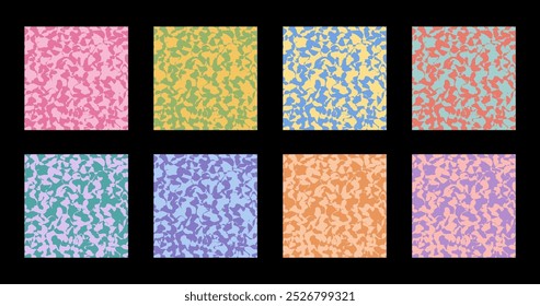 Colorful camouflage pattern set. Poster with coloring, oillike puddle. Psychedelic impression painting concepr. Abstract liquid texture. Optical illusion background, splash print vector illustration