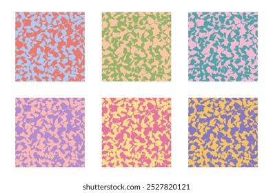 Colorful camouflage pattern set. Poster with coloring, oillike puddle. Psychedelic impression painting concepr. Abstract liquid texture. Optical illusion background, splash print vector illustration