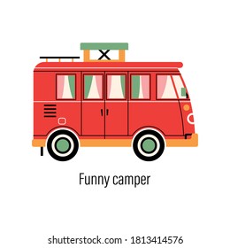 Colorful camper. Entertainment car. Mobile home for out-of-town recreation and outdoor recreation. Vector illustration on isolated background.