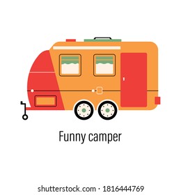 Colorful camper. Entertainment car. Mobile home for out-of-town recreation and outdoor recreation. Vector illustration on isolated background.