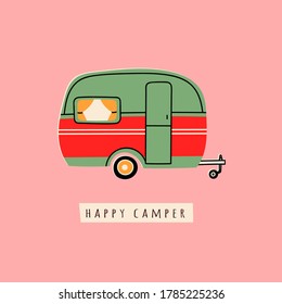 Colorful Camper RV. Road home Trailer. Recreational vehicle. Camping caravan car. Holiday trip concept. Mobile home for country and nature vacation. Vector Hand drawn illustration. Pre-made card