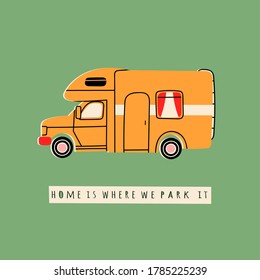 Farbiger Camper RV. Straßenzuhause-Anhänger. Freizeitfahrzeug. Camping Caravan Auto. Urlaubskonzept. Mobiles Haus für Land- und Natururlaub. Vektorhandgezeichnete Illustration. Vorgefertigte Karte