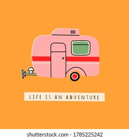 Colorful Camper RV. Road home Trailer. Recreational vehicle. Camping caravan car. Holiday trip concept. Mobile home for country and nature vacation. Vector Hand drawn illustration. Pre-made card