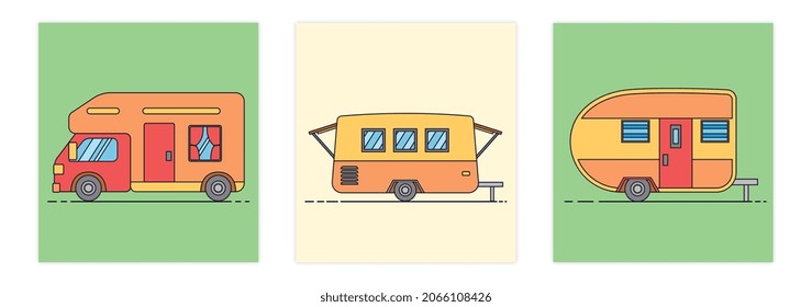 Colorful camper RV. Vehicles for traveling around country. Tourist cars. Mobile home collection. Holiday trip concepy, caravan. Cartoon flat vector illustrations isolated on white background