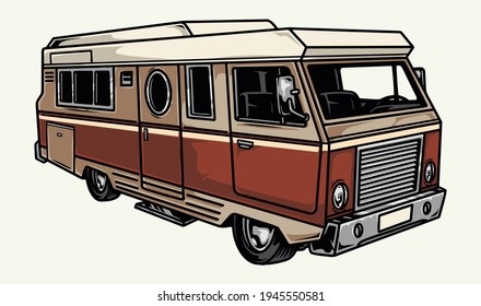 Colorful Camper Van Template In Vintage Style Isolated Vector Illustration