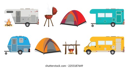 Colorful campers and retro caravan, various motorhome and tents. Summer vacation, holiday trip in motorhome, vector illustration.