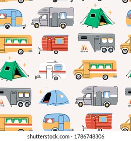 Colorful Campers RV and Tents. Various road home Trailers. Recreational vehicle. Camping caravan cars. Holiday trip concept. Country and nature vacation. Vector Seamless Pattern. Background, Wallpaper