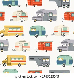 Colorful Campers RV. Various road home Trailers. Recreational vehicle. Camping caravan cars. Holiday trip concept. Mobile home for country and nature vacation. Vector Seamless pattern
