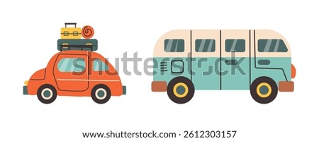 Colorful Campers RV. Various road home Trailers and tent. Camping caravan cars. Holiday trip concept. Mobile home for country and nature vacation. Vector set. Hand drawn illustrations