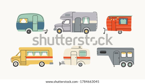 Colorful Campers RV. Various road home\
Trailers. Recreational vehicle. Camping caravan cars. Holiday trip\
concept. Mobile home for country and nature vacation. Vector set.\
Hand drawn\
illustrations