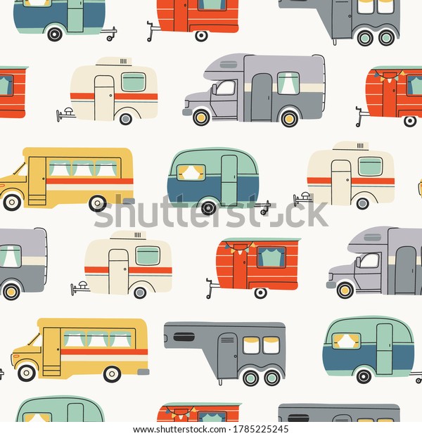 Colorful\
Campers RV. Various road home Trailers. Recreational vehicle.\
Camping caravan cars. Holiday trip concept. Mobile home for country\
and nature vacation. Vector Seamless\
pattern