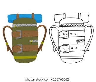 Colorful camping backpack in flat design with coloring vector illustration. Tourist retro back pack. Classic styled hiking backpack. Camp and hike bag and knapsack.