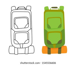 Colorful camping backpack in flat design with coloring vector illustration. Tourist retro back pack. Classic styled hiking backpack. Camp and hike bag and knapsack.