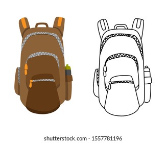 Colorful camping backpack in flat design with coloring vector illustration. Tourist retro back pack. Classic styled hiking backpack. Camp and hike bag and knapsack.