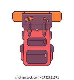 Colorful camping backpack in flat design. Tourist retro back pack vector illustration. Classic styled hiking backpack with sleeping bags. Camp and hike bag and knapsack.