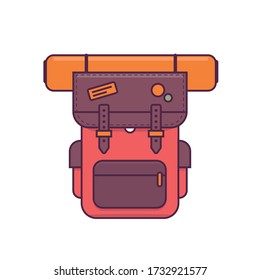 Colorful camping backpack in flat design. Tourist retro back pack vector illustration. Classic styled hiking backpack with sleeping bags. Camp and hike bag and knapsack.
