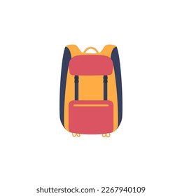 Colorida mochila de acampar estilo plano, ilustración vectorial aislada en fondo blanco. Equipamiento deportivo, almacenamiento, actividades. Elemento de diseño decorativo para web e impresión