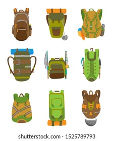 Colorful camping backpack set in flat design. Tourist retro back packs vector illustration. Classic styled hiking backpacks with sleeping bags. Camp and hike bags and knapsacks.