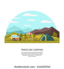 Colorful camping concept with tourist tent trailer table chair umbrella on summer nature landscape vector illustration