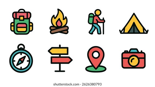 Colorful Camping and Hiking Icon Set Backpack, Campfire, Hiker, Tent, Compass, Signpost, Location