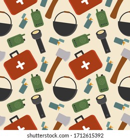 Colorful camping pattern with objects on the beige background. Seamless ornament for fabric, wrapping paper, package, scrapbook, poster, banner. Vector illustration