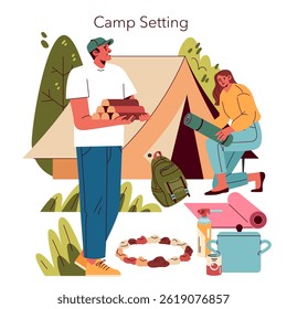A colorful camping scene with diverse groups engaging in various activities amid natures beauty outdoors