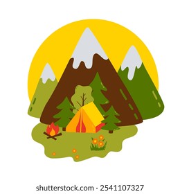 Colorful camping scene with tent, campfire, and mountains in the background.
