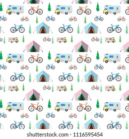 Colorful Camping seamless pattern with tent,  mobile home, bicycle and tree. vector illustration.