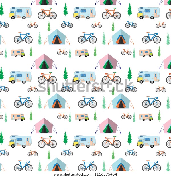 Colorful Camping seamless pattern\
with tent,  mobile home, bicycle and tree. vector\
illustration.