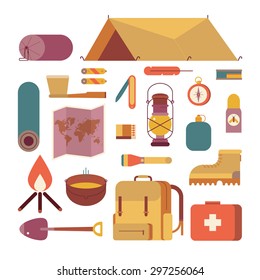 Colorful camping set icons. Vector design illustrations, infographic elements. Flat style.