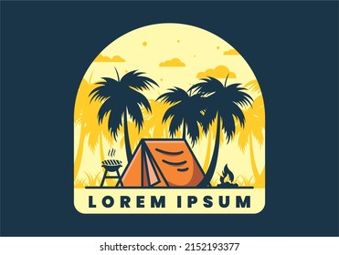 Colorful camping tent and coconut trees illustration design
