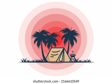 Colorful camping tent and coconut trees illustration design