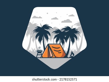 Colorful camping tent and coconut trees illustration design