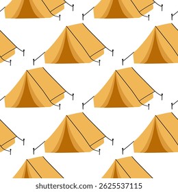 Colorful camping tents arranged in a repeating pattern on a white background