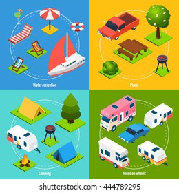 Colorful camping and travel isometric 2x2 icons set with house on wheels elements for water recreation and picnic isolated vector illustration